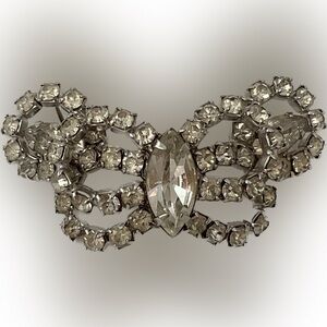 Bow Or Butterfly Brooch Silver Costume Jewelry Pin Clear Stones